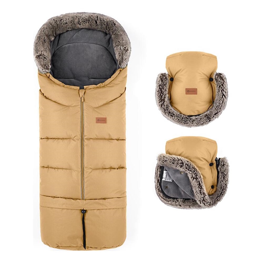 PETITE&MARS - ZESTAW Śpiwór dziecięcy 4 w 1 ARCTIC + mufki na ręce na wózek FURRY Elegant Caramel