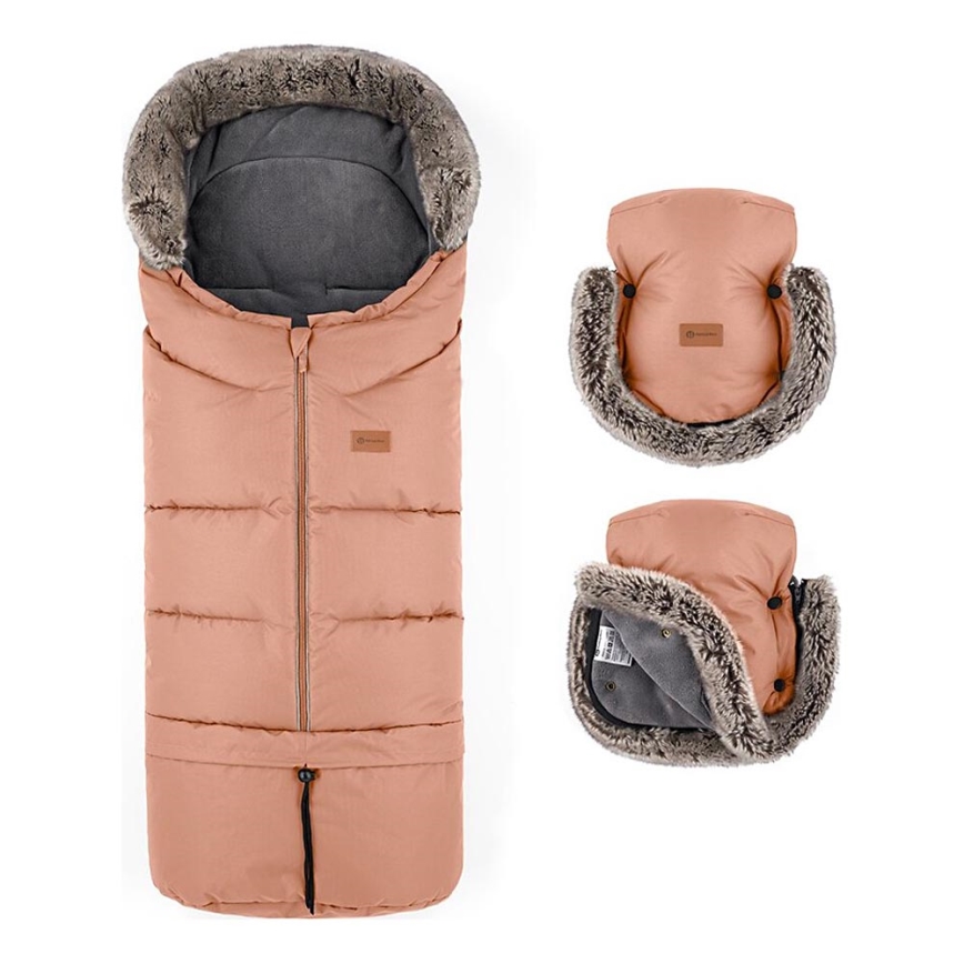 PETITE&MARS - ZESTAW Śpiwór dziecięcy 4 w 1 ARCTIC + mufki na ręce na wózek FURRY Pastel Peach