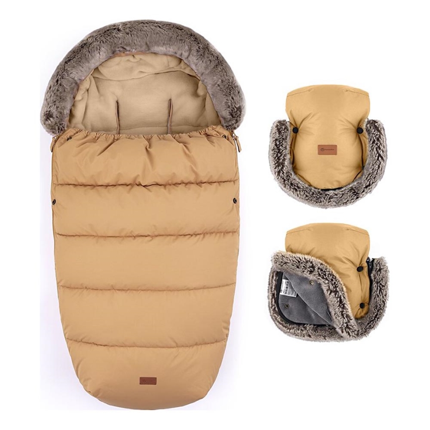 PETITE&MARS - ZESTAW Śpiwór dziecięcy 4 w 1 COMFY + mufki na ręce na wózek FURRY Elegant Caramel