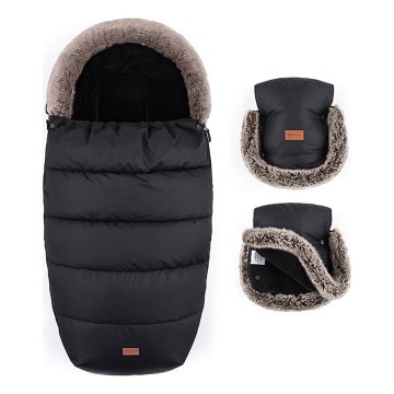 PETITE&MARS - ZESTAW Śpiwór dziecięcy 4 w 1 COMFY + mufki na ręce na wózek FURRY Forever Black