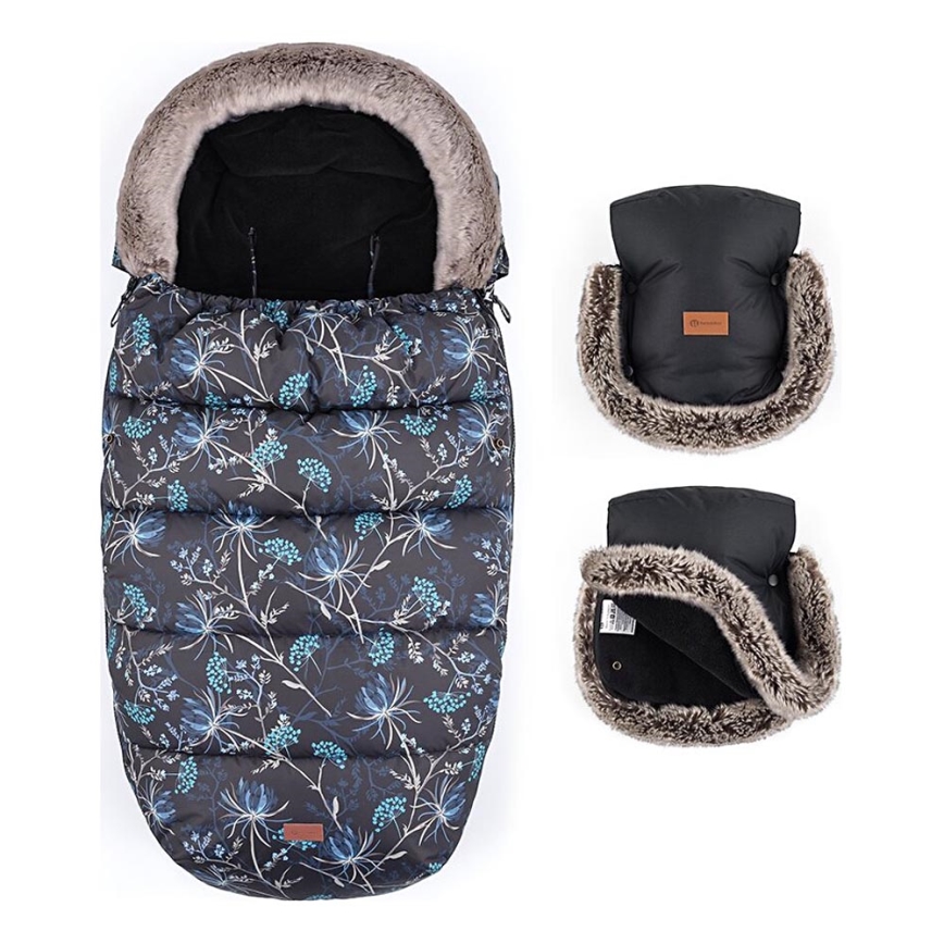 PETITE&MARS - ZESTAW Śpiwór dziecięcy 4 w 1 COMFY Stylish Beauty + mufki na ręce na wózek FURRY Forever Black