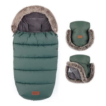 PETITE&MARS - ZESTAW Śpiworek dziecięcy 4w1 COMFY + mufki do wózka FURRY Khaki