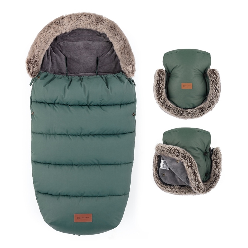 PETITE&MARS - ZESTAW Śpiworek dziecięcy 4w1 COMFY + mufki do wózka FURRY Khaki