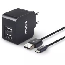 Philips DLP2307U/12 - Adapter do ładowania 2xUSB/15,5W/230V + kabel micro USB 1m