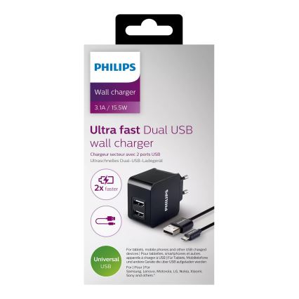 Philips DLP2307U/12 - Adapter do ładowania 2xUSB/15,5W/230V + kabel micro USB 1m