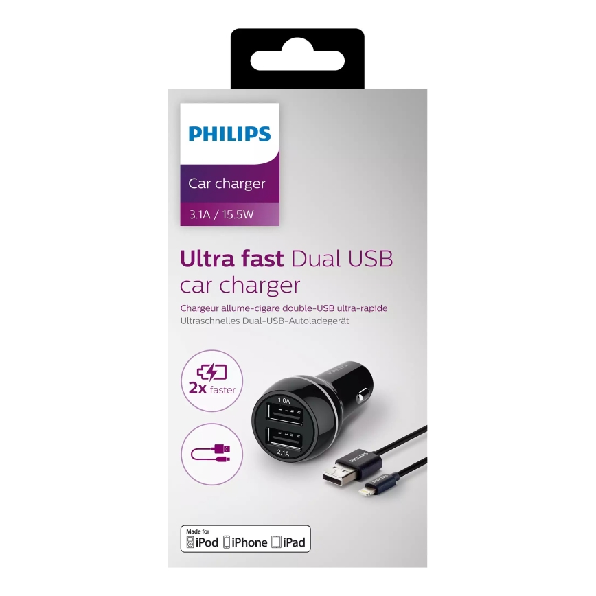 Philips DLP2357V/10 - Ładowarka samochodowa 2xUSB/12V + kabel złącze USB/lightning