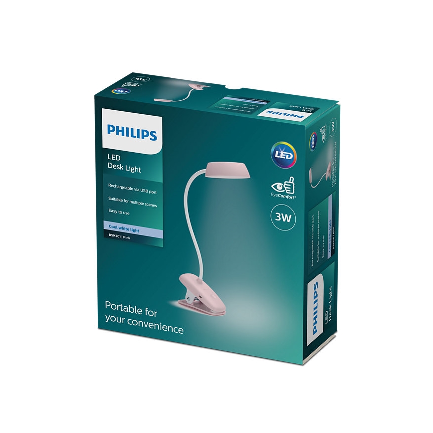 Philips - LED Lampa ściemnialna z klipsem DONUTCLIP LED/3W/5V 1200 mAh CRI 90 różowa