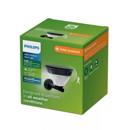 Philips - Solarny kinkiet LED z czujnikiem KYNA, 3,8W/3,7V, 800 mAh, 2700K, IP44, czarny