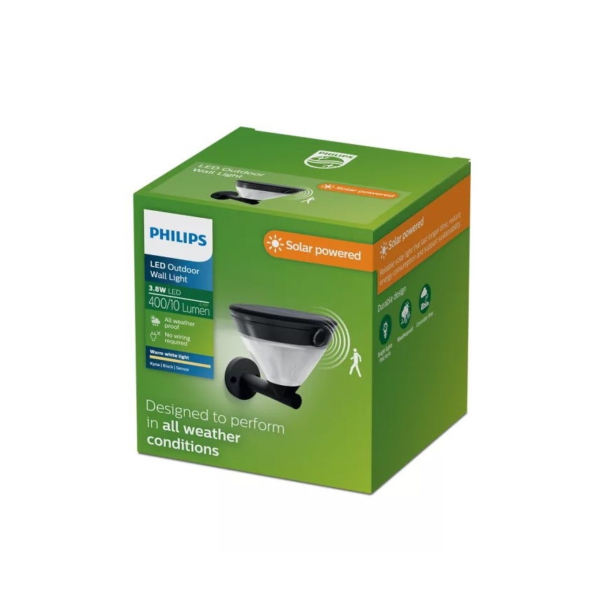 Philips - Solarny kinkiet LED z czujnikiem KYNA, 3,8W/3,7V, 800 mAh, 2700K, IP44, czarny
