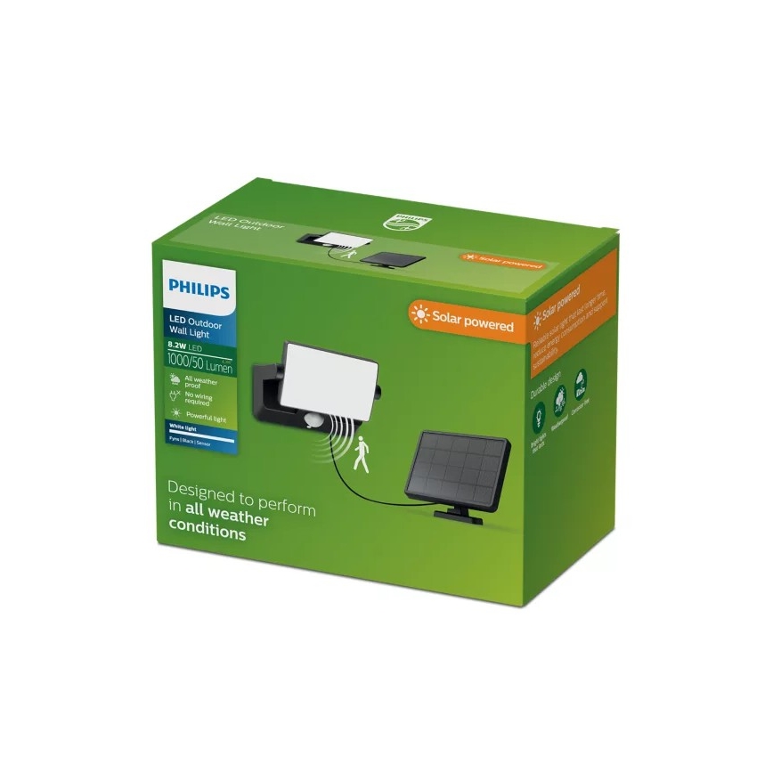 Philips - Solarny reflektor ścienny LED z czujnikiem FYNS LED/8,2W/3,7V 2600 mAh 3000K IP44 czarny