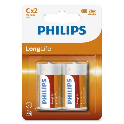Philips R14L2B/10 - 2 szt.  Bateria Cynkowo-chlorkowa C LONGLIFE 1,5V 2800mAh