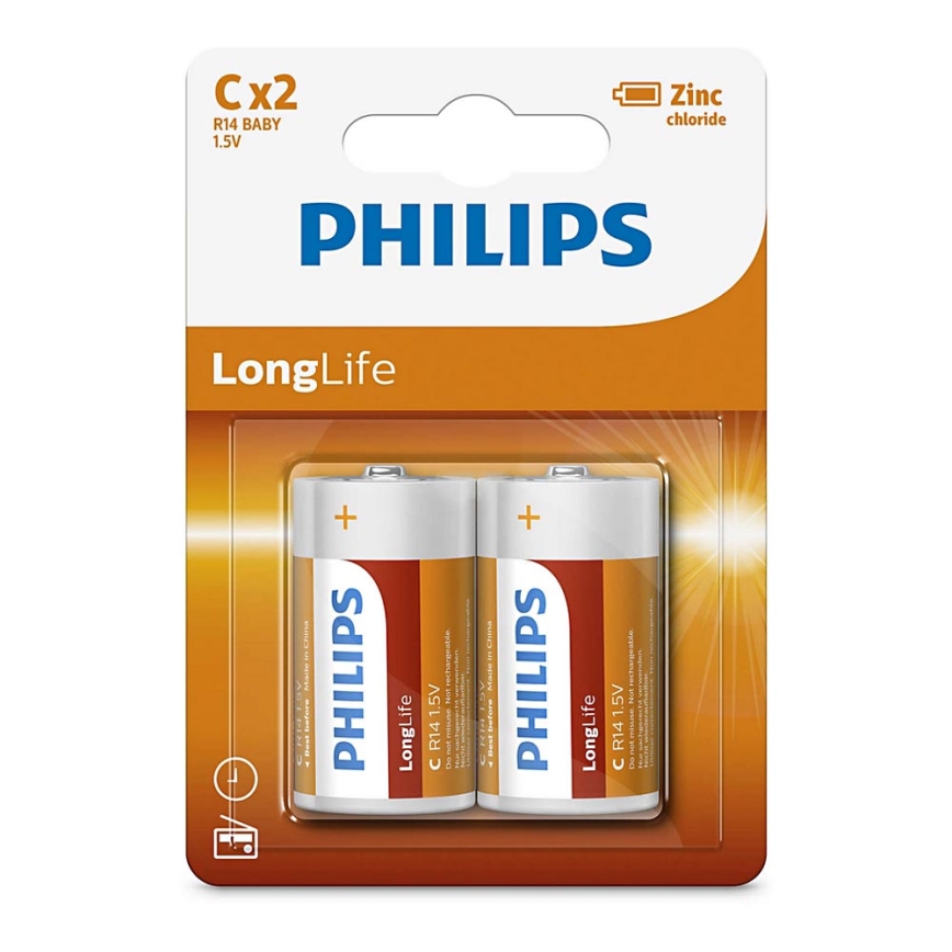 Philips R14L2B/10 - 2 szt. Bateria cynkowo-chlorowa C LONGLIFE 1,5V 2800mAh