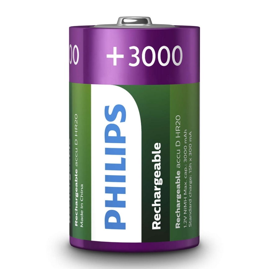 Philips R20B2A300/10 - 2 szt.  Bateria ładowalna D MULTILIFE NiMH/1,2V/3000 mAh