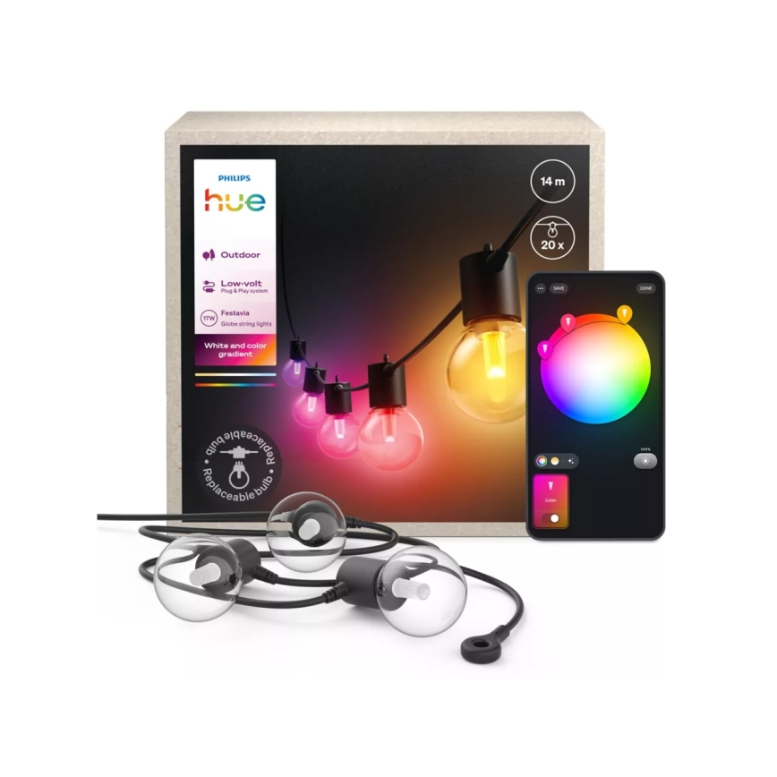 Philips - ściemnialna girlanda ogrodowa LED RGBW Hue FESTAVIA, 20 diod LED, 14 m, IP65