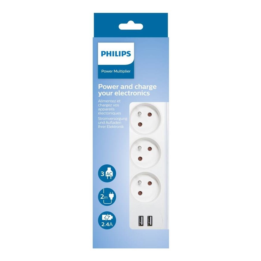 Philips SPN3032WA/60 - Przedłużacz z wyłącznikiem 3Z + 2xUSB-A 2m biały