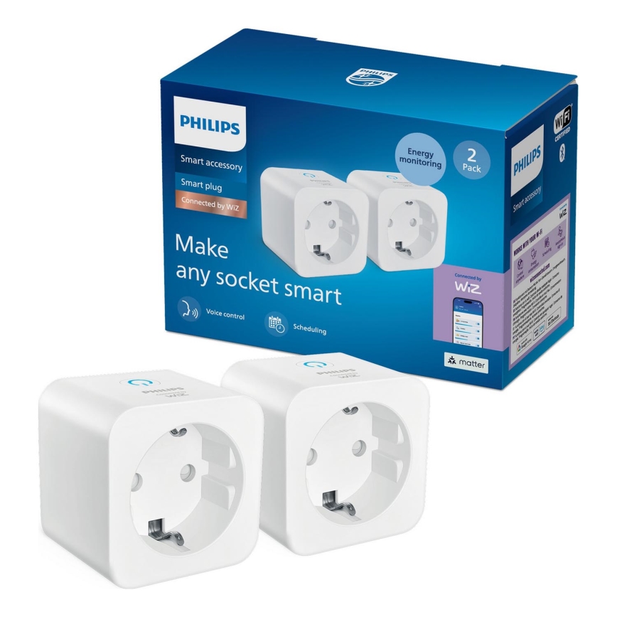 Philips - Zestaw 2 inteligentnych gniazdek SCHUKO 2300 W z miernikiem mocy Wi-Fi
