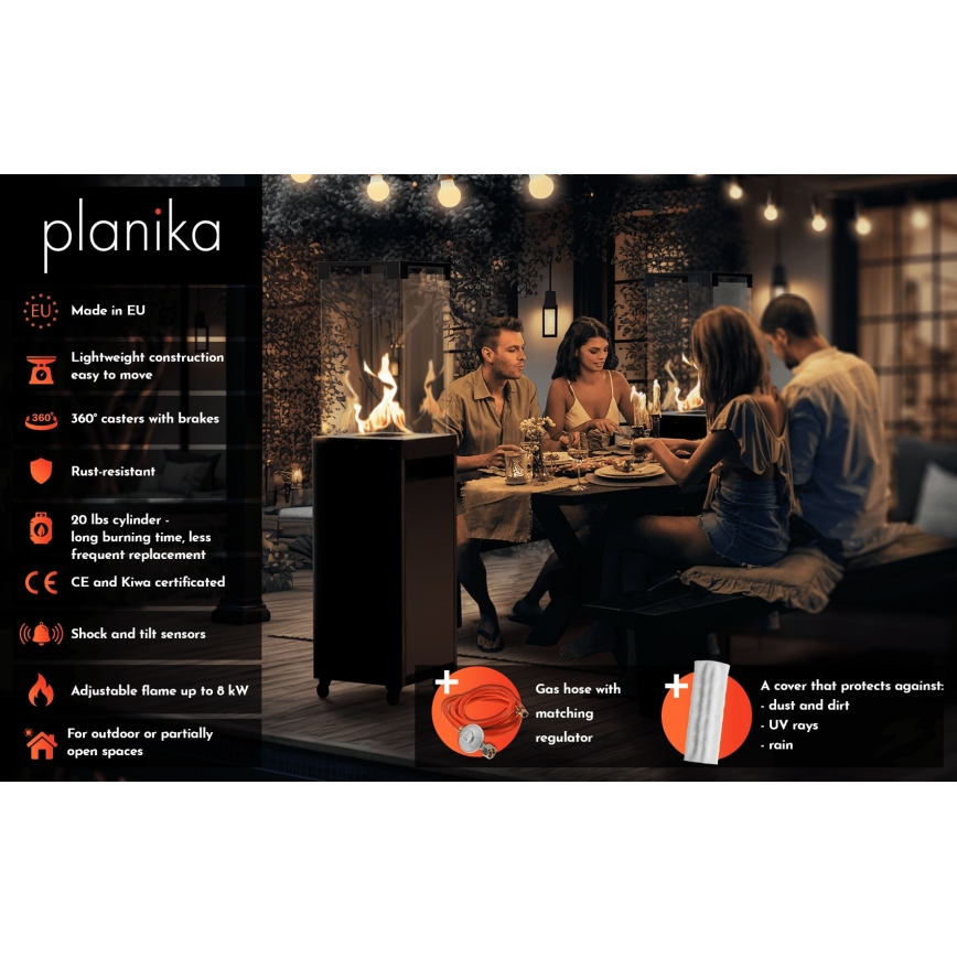 Planika - zewnętrzny gaz Kominek 142x36 cm 8kW 1xAAA biały + pokrowiec ochronny