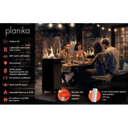 Planika - zewnętrzny gaz Kominek 142x36 cm 8kW 1xAAA czarny + pokrowiec ochronny