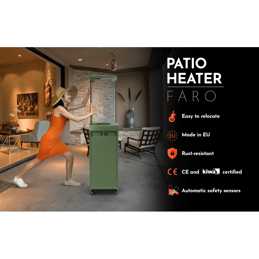 Planika - zewnętrzny gaz Kominek 142x36 cm 8kW 1xAAA zielony + pokrowiec ochronny