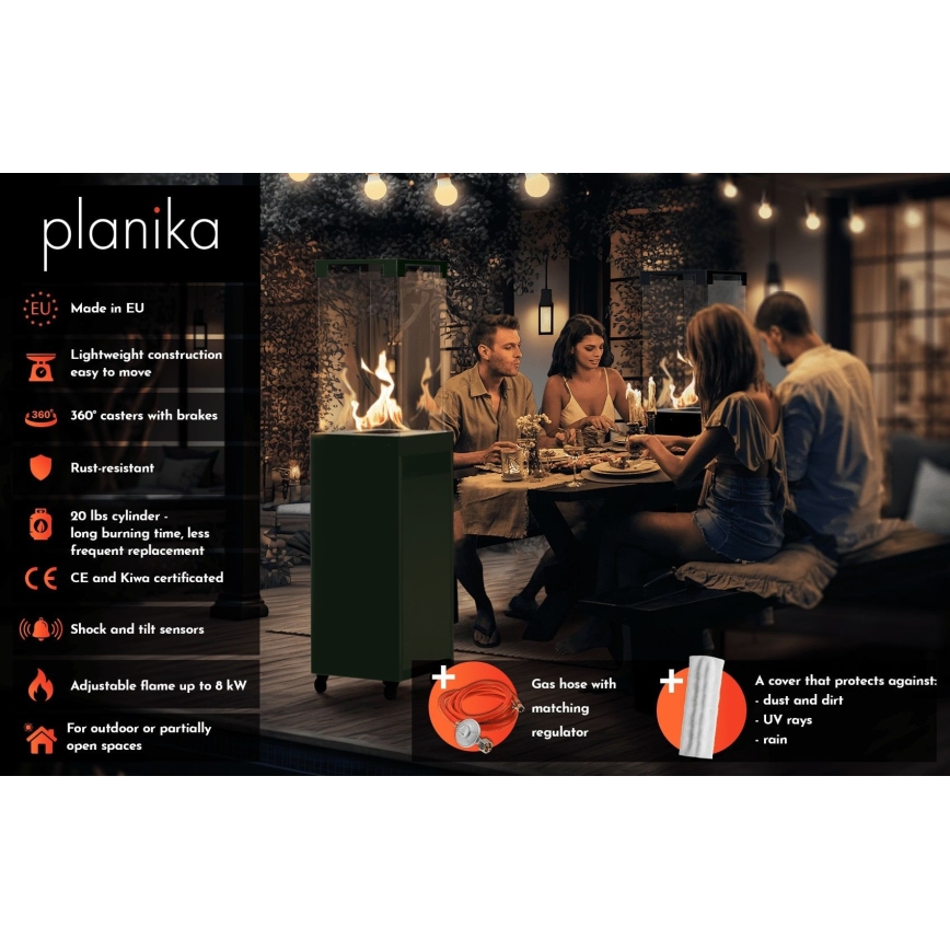 Planika - zewnętrzny gaz Kominek 142x36 cm 8kW 1xAAA zielony + pokrowiec ochronny