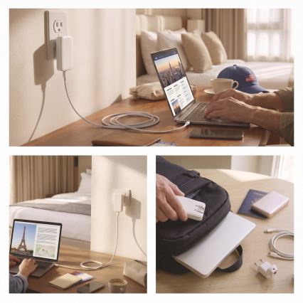 Podróżny adapter USB z wymiennymi wtyczkami GaN 100–250 V