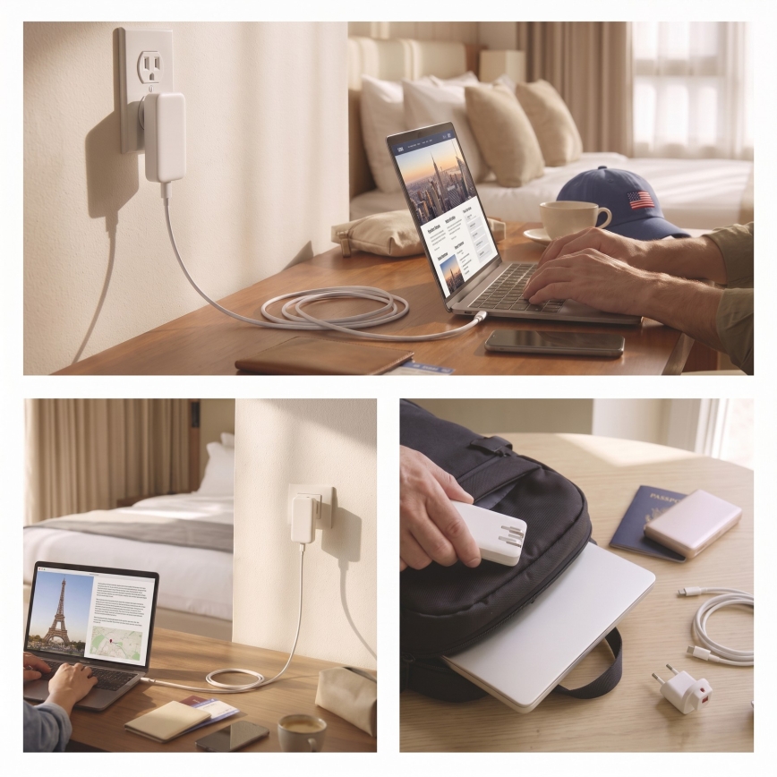 Podróżny adapter USB z wymiennymi wtyczkami GaN 100–250 V
