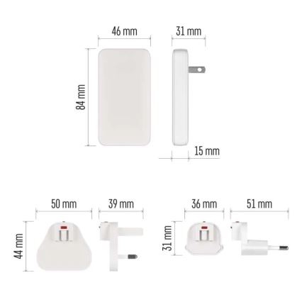 Podróżny adapter USB z wymiennymi wtyczkami GaN 100–250 V