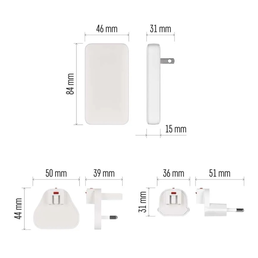 Podróżny adapter USB z wymiennymi wtyczkami GaN 100–250 V