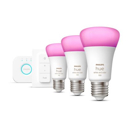 Zestaw startowy Philips Hue WHITE AND COLOR AMBIANCE 3xE27/9W 2000-6500K z mostkiem Hue i bezprzewodowym ściemniaczem