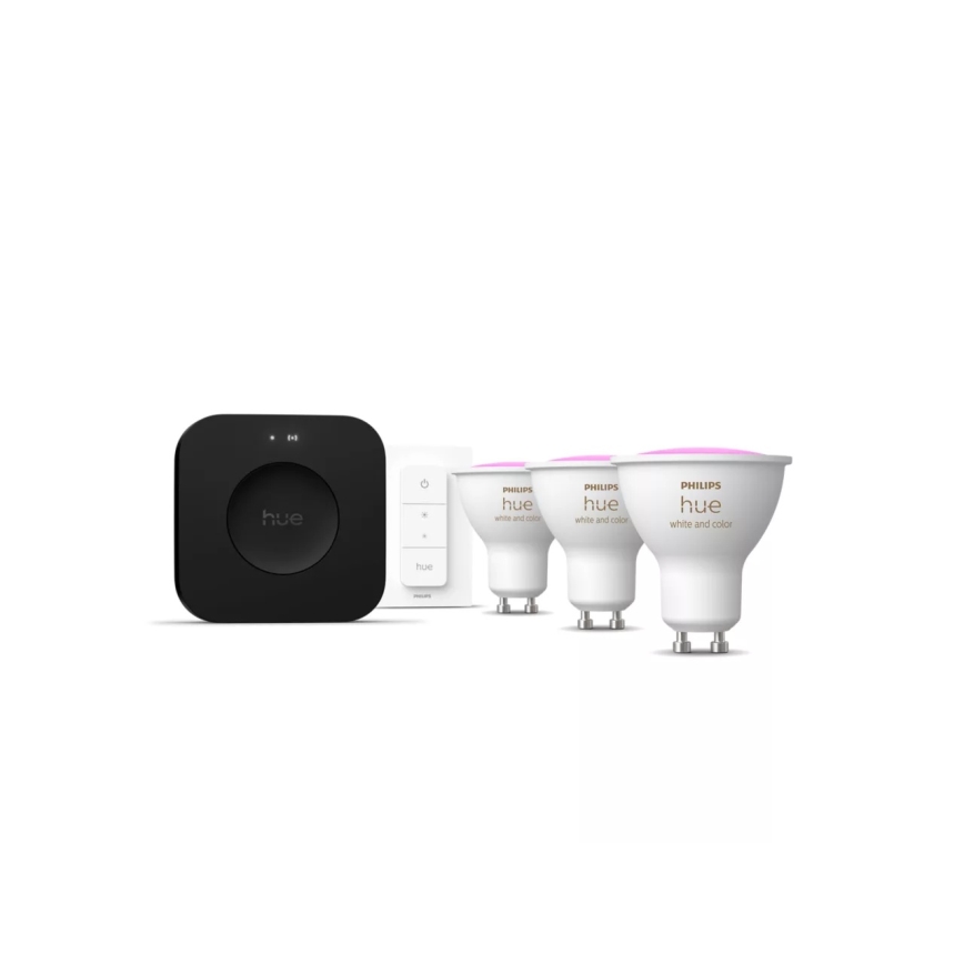 Podstawowy zestaw Philips Hue WHITE AND COLOR AMBIANCE 3xGU10/4,2W 2000-6500K + mostek Hue i ściemniacz