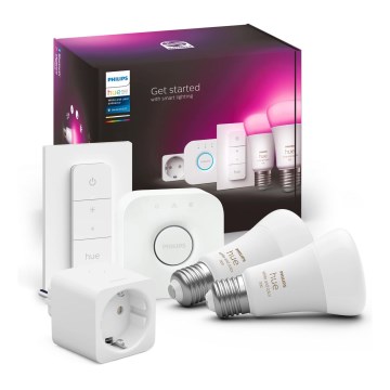 Podstawowy zestaw Philips Hue White and Color Ambiance 2xE27/9W/230V 2200-6500K + inteligentne gniazdko, mostek Hue i przełącznik ściemniający
