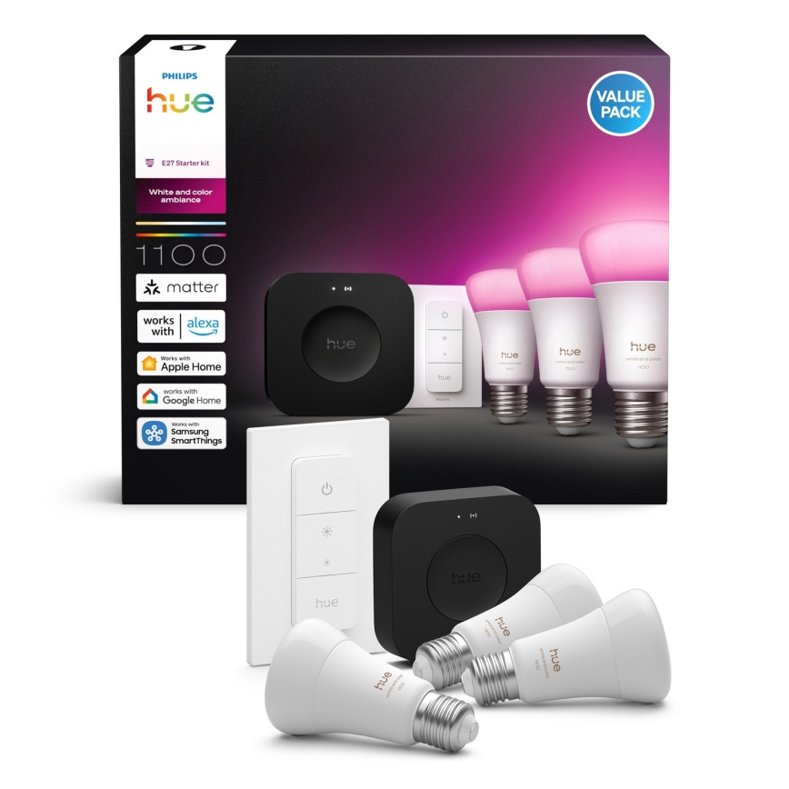 Podstawowy zestaw Philips Hue WHITE AND COLOR AMBIANCE 3xE27/8,1W 1000-20000K + urządzenie do łączenia