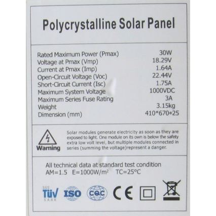 Polikrystaliczny panel fotowoltaiczny 30 W/12 V
