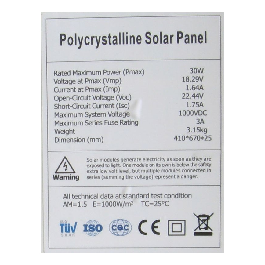 Polikrystaliczny panel fotowoltaiczny 30 W/12 V