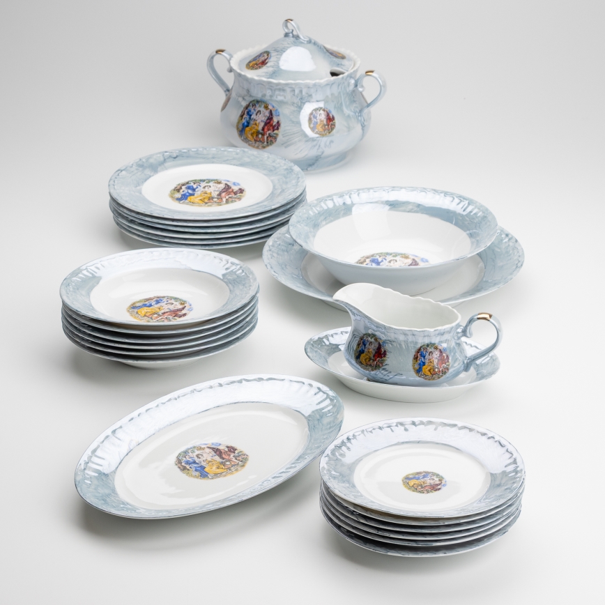 Porcelanowy zestaw obiadowy 26 sztuk niebieski z wykończeniem perłowym
