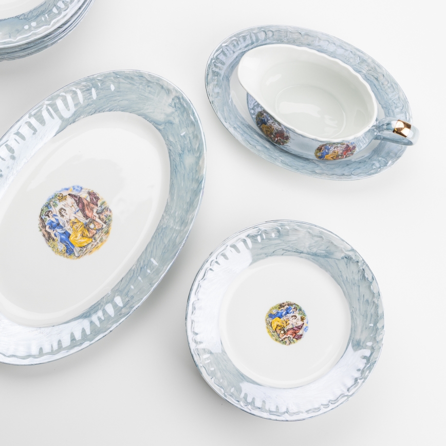 Porcelanowy zestaw obiadowy 26 sztuk niebieski z wykończeniem perłowym