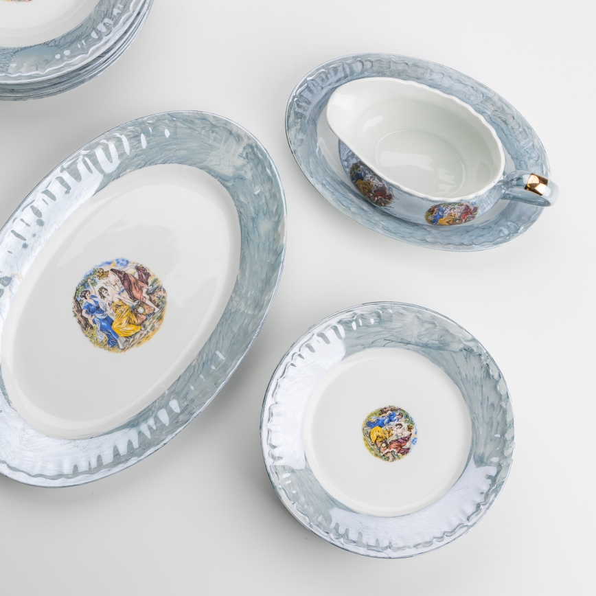 Porcelanowy zestaw obiadowy 26 sztuk niebieski z wykończeniem perłowym