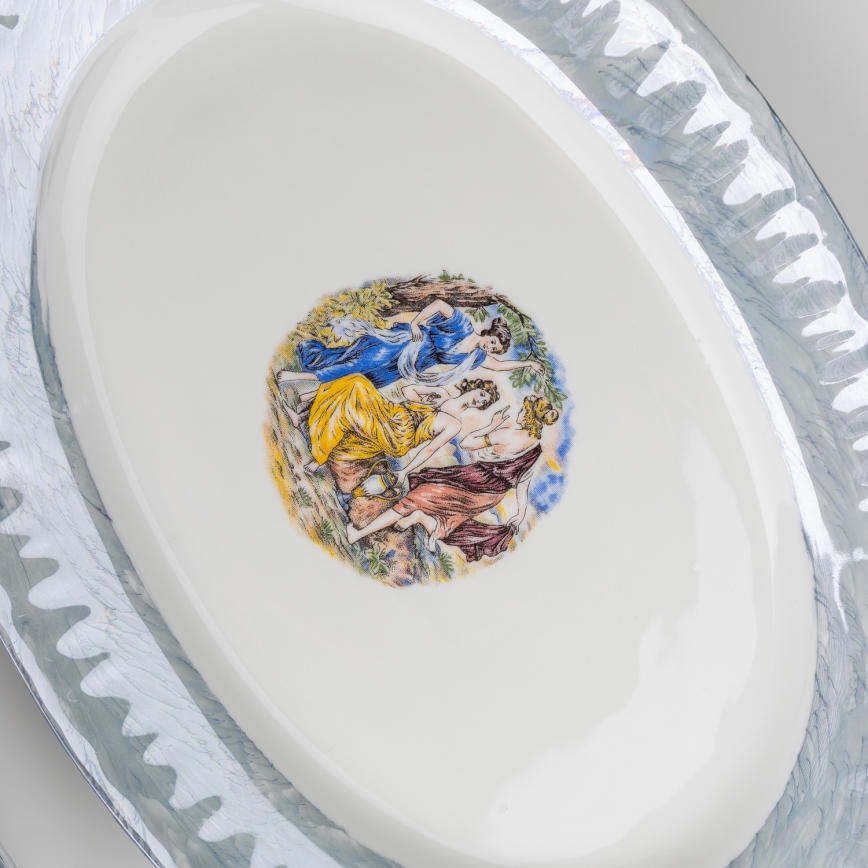 Porcelanowy zestaw obiadowy 26 sztuk niebieski z wykończeniem perłowym