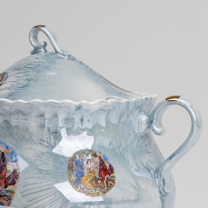 Porcelanowy zestaw obiadowy 26 sztuk niebieski z wykończeniem perłowym