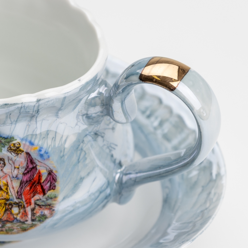 Porcelanowy zestaw obiadowy 26 sztuk niebieski z wykończeniem perłowym