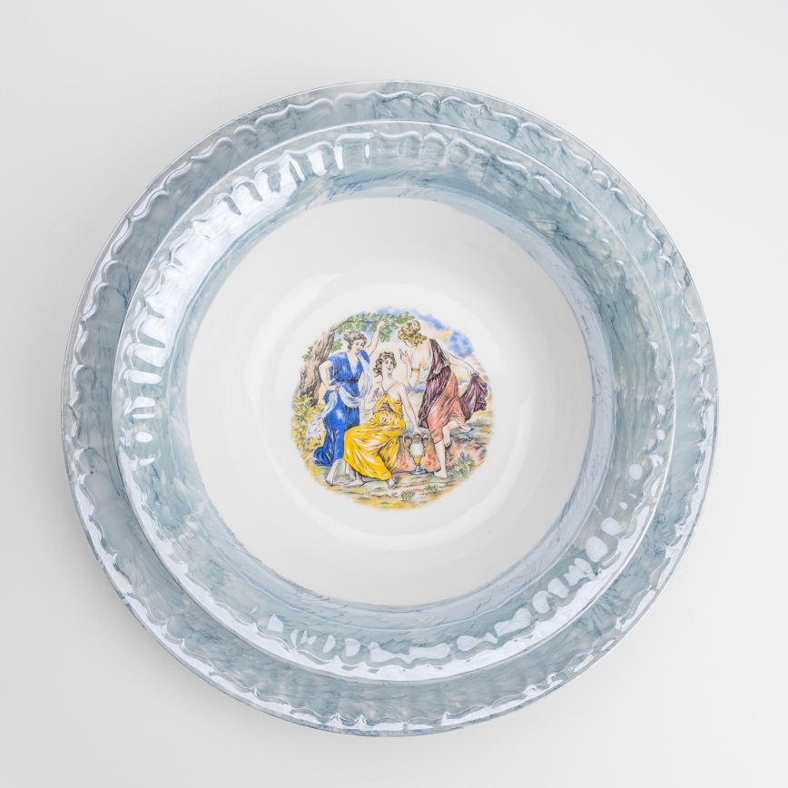 Porcelanowy zestaw obiadowy 26 sztuk niebieski z wykończeniem perłowym