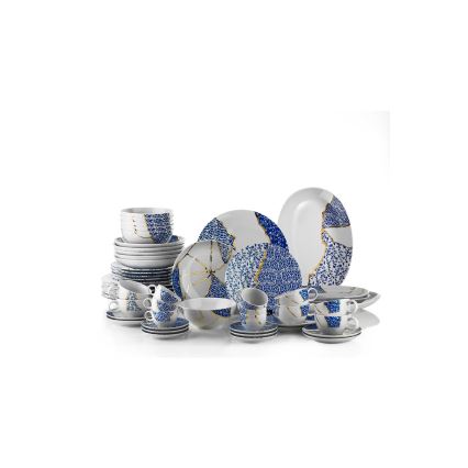 Porcelanowy zestaw obiadowy 28 elementów — biały/złoty/niebieski