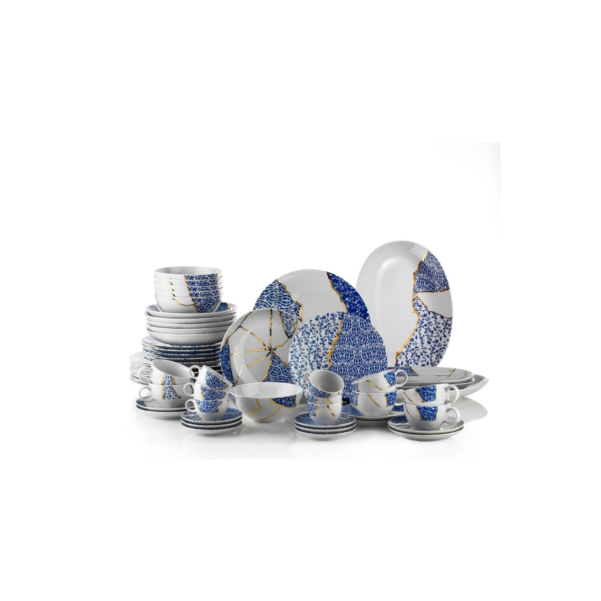 Porcelanowy zestaw obiadowy 28 elementów — biały/złoty/niebieski