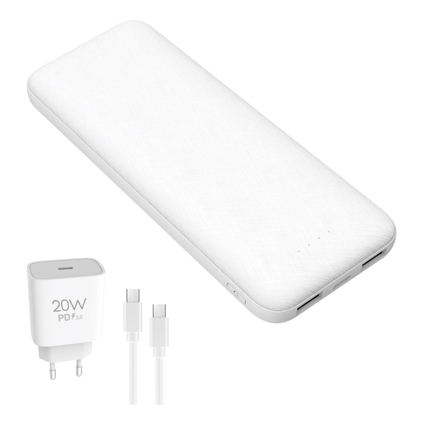 Power Bank 10000 mAh + adapter 20W Power Delivery + USB-C/USB-C kabel 1m biały