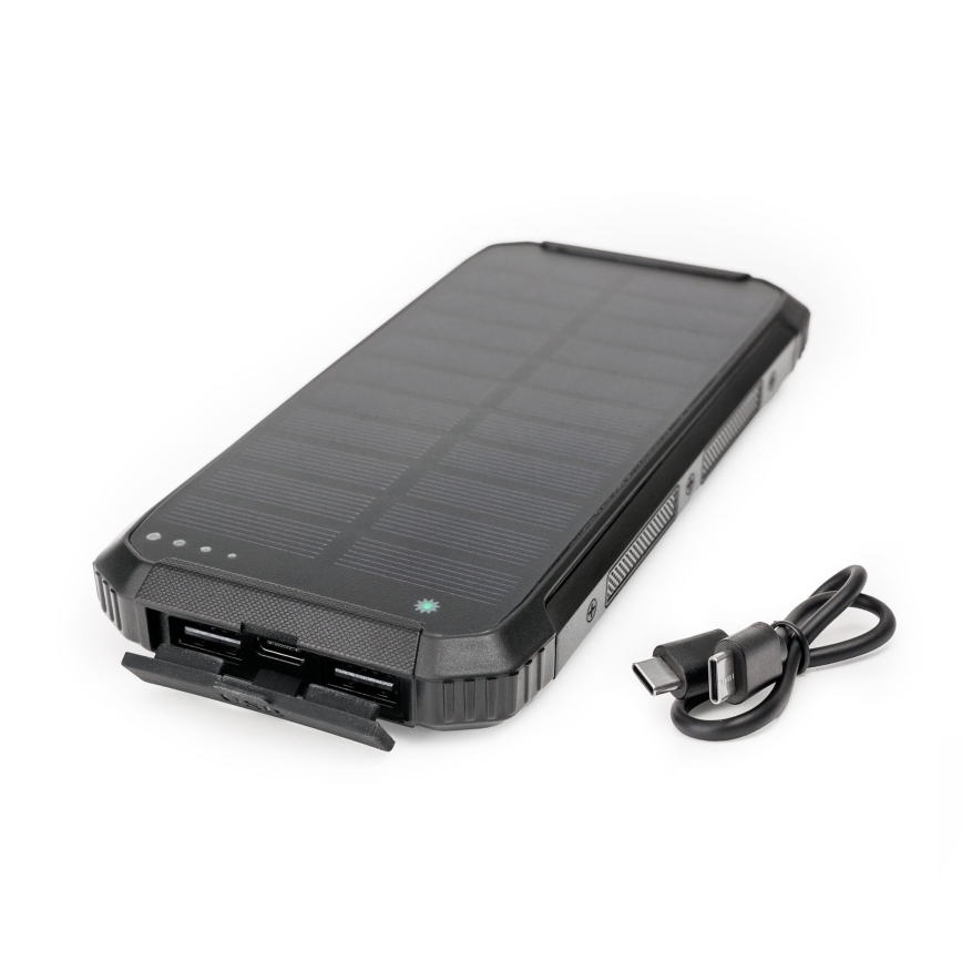 Power bank z oświetleniem LED, bezprzewodowym ładowaniem i panelem słonecznym Power Delivery 15W/10000 mAh czarny