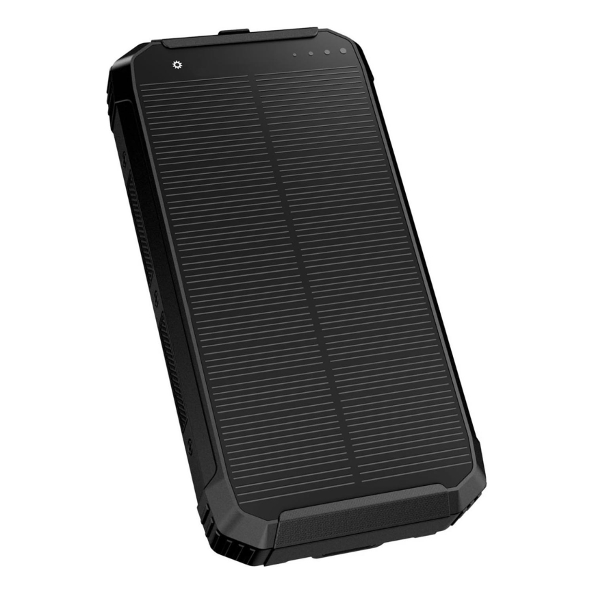 Power bank z oświetleniem LED, bezprzewodowym ładowaniem i panelem słonecznym Power Delivery 15W/10000 mAh czarny