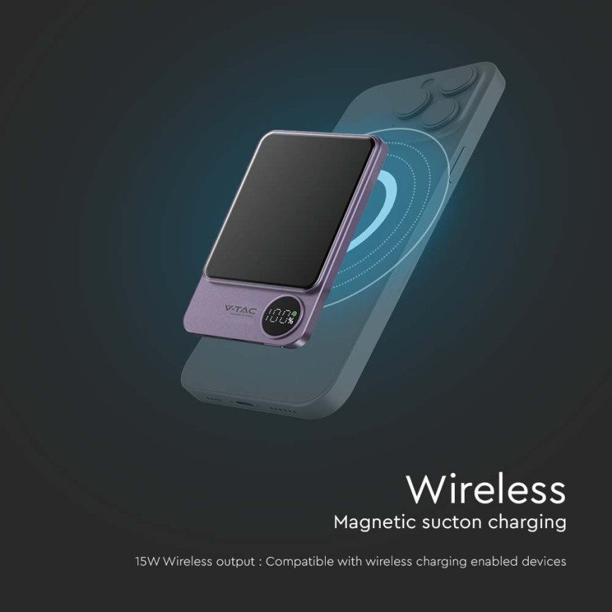 Power bank z wyświetlaczem magnetycznym Power Delivery 5000mAh/20W/5V fioletowy