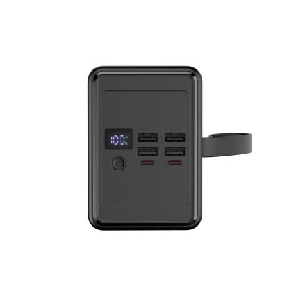 Powerbank 8000 mAh z technologią Power Delivery (PD), 4 portami USB-A i 2 portami USB-C, wbudowaną latarką LED i kablem USB-C 1 m, czarny