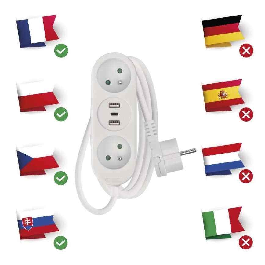 Przedłużacz 2 gniazdowy + 2x USB-A + USB-C 1,4 m