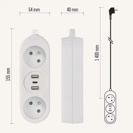 Przedłużacz 2 gniazdowy + 2x USB-A + USB-C 1,4 m